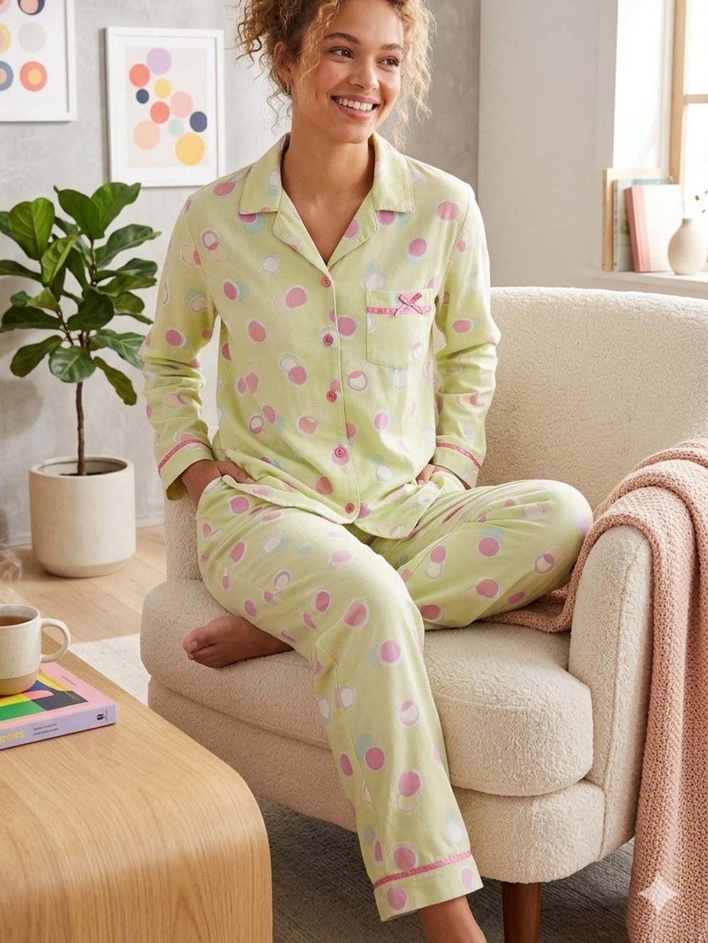 VTG Victoria's Secret Retro Geometric Circle Pajama Set Pastel Lime Pink Sz S